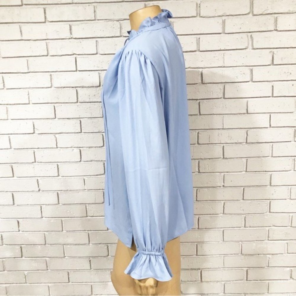 J.Crew Women’s Drapey Blue ruffle‎ tie-neck top - Size Medium - Picture 9 of 14